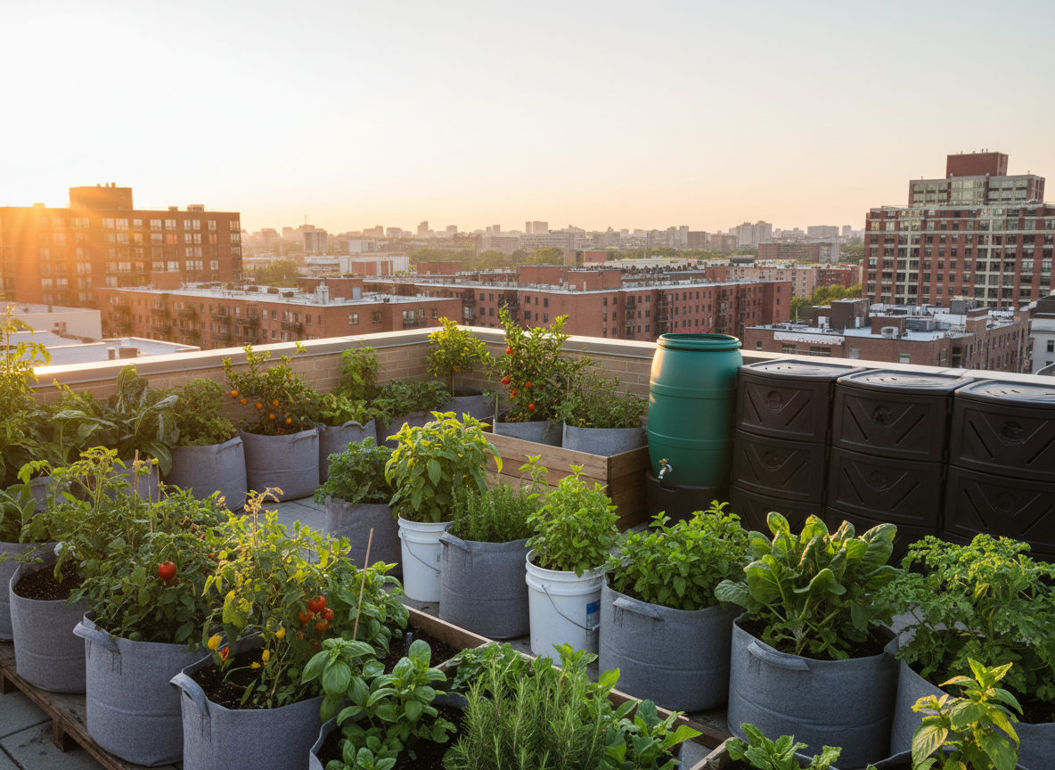 A small urban rooftop community garden in photographic realism, emphasizing food sovereignty in a dense city setting. Sturdy fabric grow bags, repurposed food-grade buckets, and wooden planters host compact tomato plants, dwarf fruit trees, herbs, and leafy greens, all thriving against a backdrop of distant apartment buildings and a hazy skyline. A rainwater collection barrel with a simple spigot stands beside a compost bin made of black plastic panels. Warm golden-hour sunlight bathes the scene, catching on the edges of leaves and creating gentle lens flare at the horizon. Captured from a slightly elevated corner, the composition uses leading lines of planters to draw the viewer’s eye toward the cityscape beyond. The mood is resilient and optimistic, highlighting resourcefulness, environmental stewardship, and community-grown food in limited space.