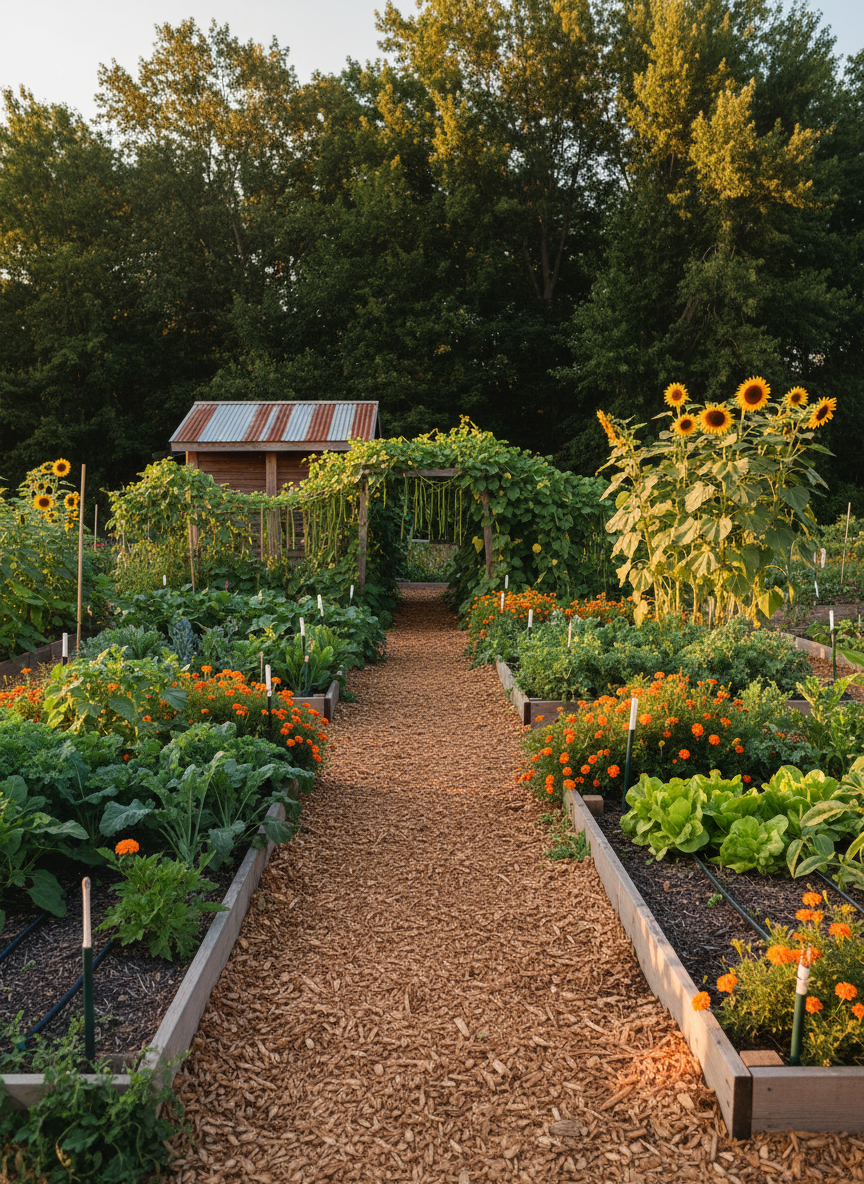 A thriving community garden captured in photographic realism, with neat raised wooden beds overflowing with leafy greens, bright orange marigolds, and towering sunflowers. The soil looks rich and dark, with drip irrigation lines weaving between plants. In the midground, a simple wooden tool shed with a tin roof is partially covered in climbing beans. Late afternoon golden-hour sunlight washes over the space, casting long, gentle shadows and creating a warm, welcoming glow. Shot at eye level with a wide-angle lens, the composition follows the rule of thirds, drawing the eye along a central mulched path toward a background of mature trees. The mood is calm, abundant, and hopeful, emphasizing food sovereignty and shared access to fresh food without showing any people.