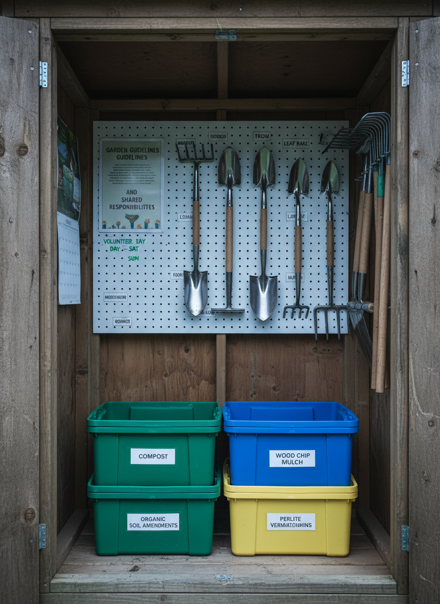 An orderly tool and resource corner in photographic realism, demonstrating the professional organization of a nonprofit garden. Inside a small, open shed, clean, well-maintained tools hang on a pegboard: spades, trowels, rakes, hoes, each outlined and labeled for easy return. Below, color-coded bins store natural fertilizers, mulch, and labeled soil amendments. A laminated “Garden Guidelines and Shared Responsibilities” poster is pinned to one wall, next to a calendar marked with volunteer workdays and educational workshops. Cool, even daylight enters through the open doorway, illuminating the interior without harsh contrast. Shot from just outside the entrance at a straight-on angle, the composition frames the shed interior like a stage, with crisp focus on every object. The mood is orderly, trustworthy, and efficient, reinforcing the organization’s professionalism and shared stewardship of resources.