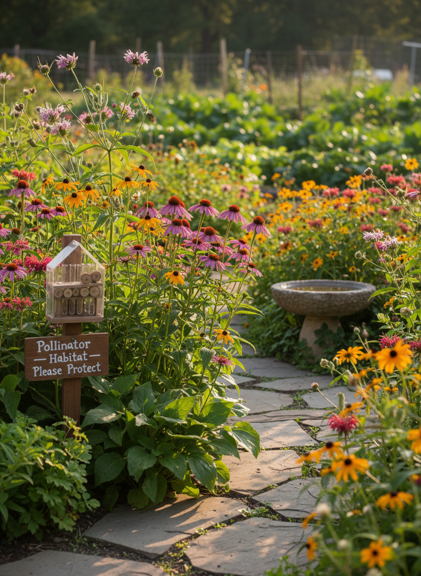 A meticulously maintained pollinator garden in photographic realism, designed beside a community garden space. Clusters of native flowering plants—purple coneflower, golden black-eyed Susans, delicate milkweed, and bright bee balm—create dense layers of color and texture. Flat stones form a winding path between plantings, and a small wooden sign labeled “Pollinator Habitat – Please Protect” stands at the edge. A clear glass bee hotel and a shallow stone birdbath sit nearby. Soft morning sunlight filters through, creating sparkling highlights on petals and gentle shadows under leaves. Shot at a low angle close to the blooms, with a shallow depth of field that renders distant garden beds as a soft green blur. The mood is serene and attentive, emphasizing environmental stewardship and the quiet labor of beneficial insects, without any human presence.