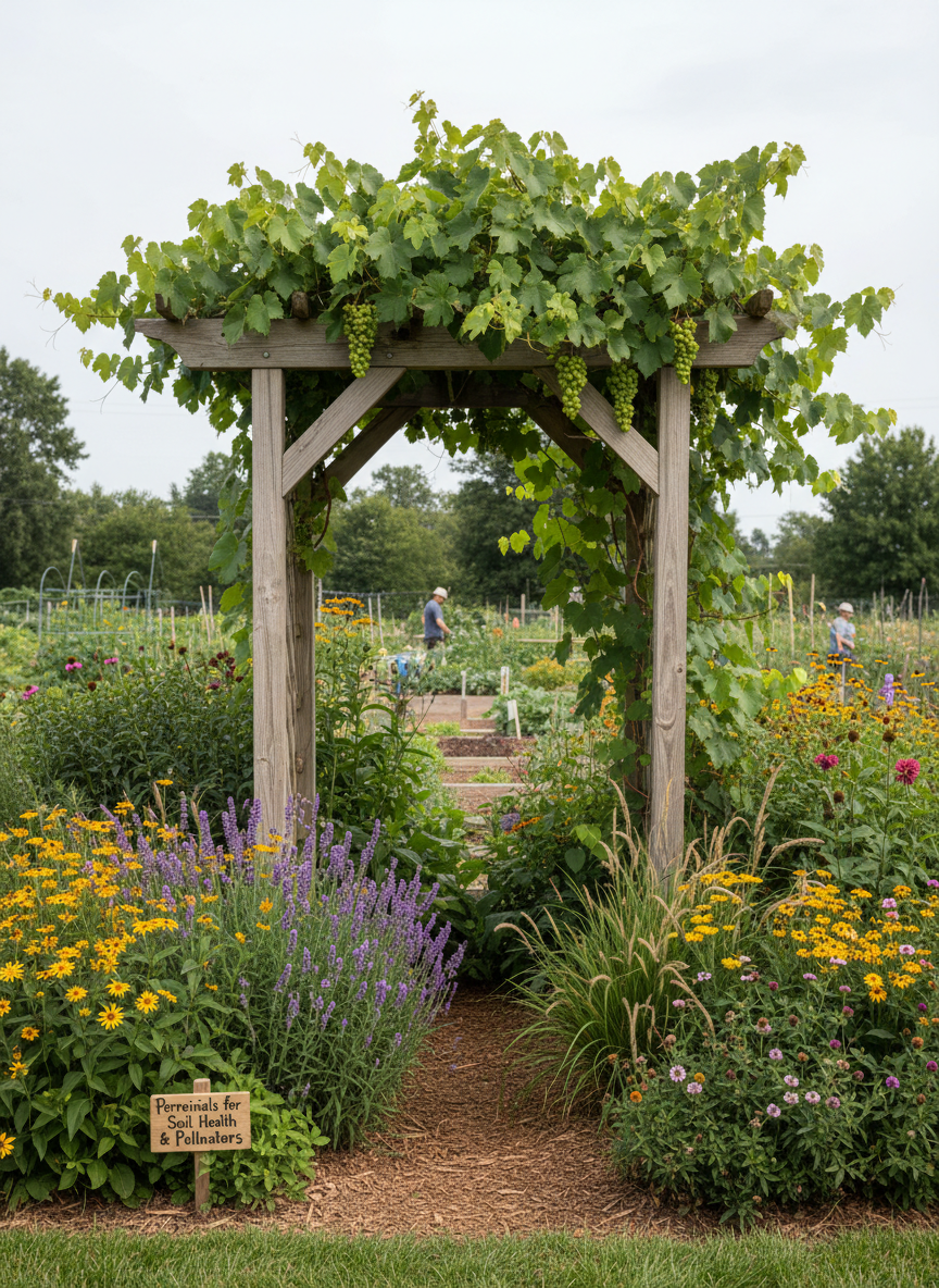 A lush, mixed-perennial border framing the entrance to a community garden in photographic realism, illustrating environmental stewardship. The entrance is marked by a simple wooden archway supporting a thriving grapevine, with clusters of green grapes hanging between large leaves. On either side, densely planted perennials such as lavender, yarrow, ornamental grasses, and native shrubs create layered textures and colors. A small sign at the base of one plant grouping reads “Perennials for Soil Health & Pollinators.” Midday diffused light from a slightly overcast sky softens colors while keeping details crisp and evenly lit. Captured at eye level with a slightly wide frame, the archway is centered while the plantings fill the sides, creating a welcoming, symmetrical composition. The mood is grounded and respectful, highlighting long-term ecological care as an integral part of community gardening.