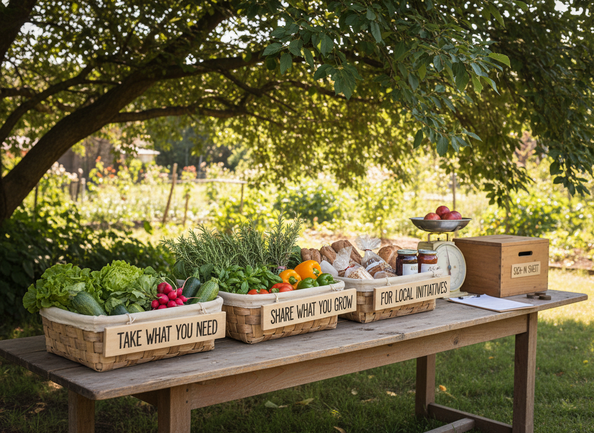 A shared harvest table scene in photographic realism, portraying the idea of mutual aid without any human figures. A long, simple wooden table stands under a shade tree, its surface arranged with labeled baskets: “Take What You Need,” “Share What You Grow,” and “For Local Initiatives.” Each basket contains different produce—crisp lettuce heads, plump zucchinis, scarlet radishes, aromatic herbs bundled with twine. A scale, a donation box, and a clipboard sign-in sheet rest neatly to one side. Dappled afternoon sunlight filters through leaves overhead, creating a pattern of soft light and shadow across the table. Shot from a three-quarter angle with moderate depth of field, the foreground labels and vegetables appear tack-sharp, while the tree canopy and background garden softly blur. The mood is inviting, organized, and community-centered.