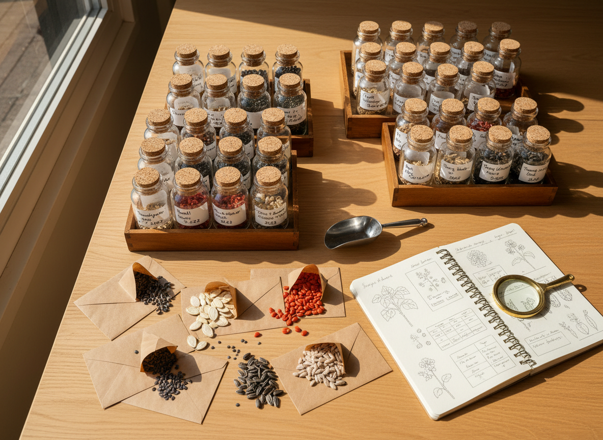 A meticulously organized seed-saving station in photographic realism, set on a smooth, light-wood table near a sunlit window. Dozens of small, clear glass jars and paper envelopes, each carefully labeled with plant variety and year, are grouped in wooden trays. Open envelopes spill a few seeds onto the table, revealing diverse shapes and colors from tiny basil seeds to flat, striped squash seeds. A simple notebook with hand-drawn diagrams lies open beside a stainless-steel scoop and a magnifying glass. Soft afternoon window light washes in from the left, creating gentle, elongated shadows and subtle highlights on the glass rims. Shot from directly above in a clean, organized composition, every element is sharply in focus. The mood is studious, hopeful, and methodical, emphasizing long-term food sovereignty and community self-reliance through seed stewardship.