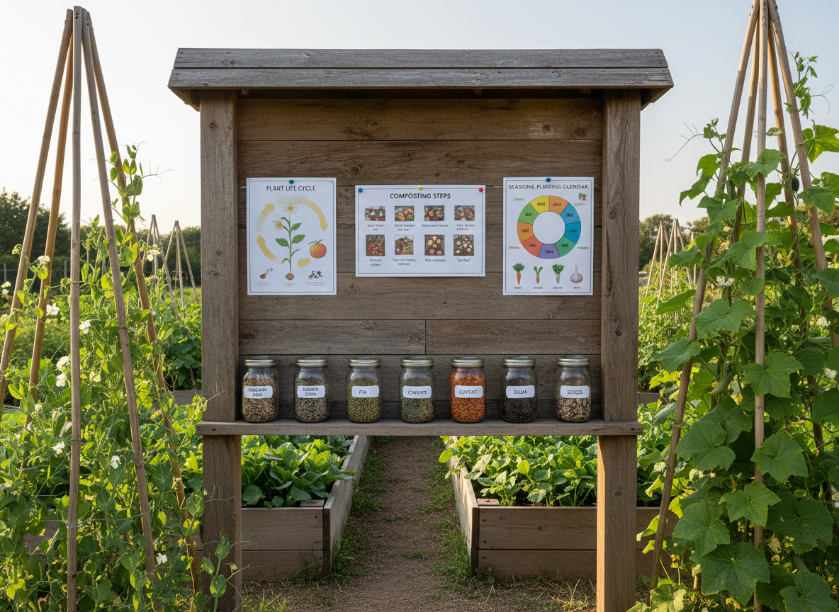 An educational garden learning space in photographic realism, centered on a sturdy outdoor bulletin board made of natural wood, mounted on posts near flourishing vegetable beds. The board displays neatly arranged laminated diagrams of plant life cycles, composting steps, and a colorful seasonal planting calendar, all secured with push pins. Below, a simple shelf holds labeled mason jars filled with seeds of different sizes and colors. The area is framed by trellised peas and climbing cucumbers, their vines creating a living border. Gentle late-morning sunlight illuminates the board evenly, making all text legible while casting subtle shadows from the seed jars onto the shelf. Captured straight on at eye level with sharp focus throughout, the composition feels structured, calm, and informative, highlighting the nonprofit’s commitment to education and intergenerational knowledge sharing without depicting people.