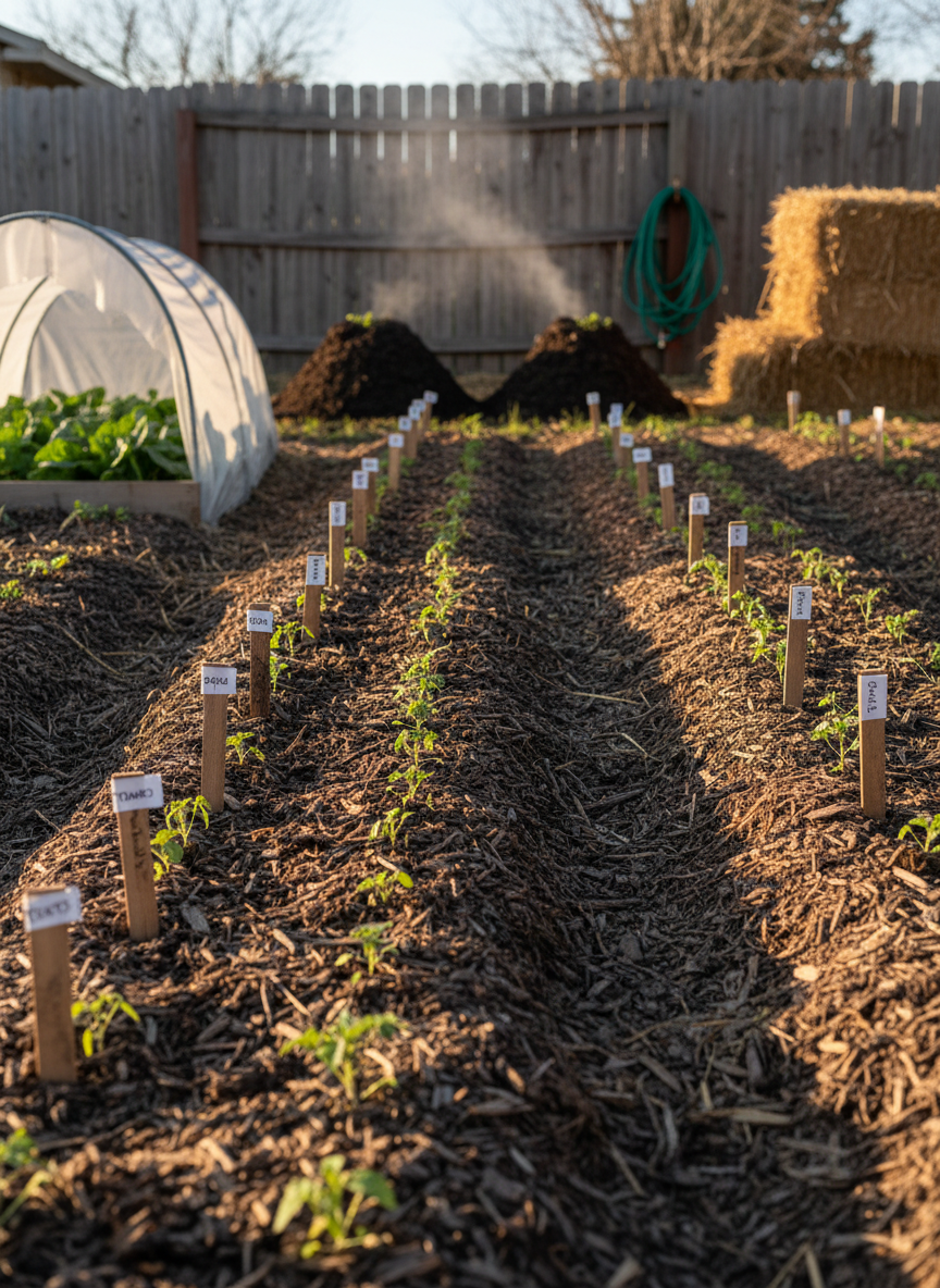 A seasonal garden transition scene in photographic realism, emphasizing resilience and continuity. In the foreground, neatly cleared beds are freshly mulched, with tidy rows of small, labeled seedlings just emerging from the soil, each marked by simple wooden stakes. Nearby, a covered low tunnel made of clear plastic sheeting arches over a bed, protecting tender greens. In the background, compost piles steam faintly in the cool air beside stacked straw bales and neatly coiled hoses. Low, soft evening light casts long shadows and a gentle amber hue over the scene, suggesting the close of a workday. Captured from a low, slightly angled perspective along the length of the bed, the emerging seedlings are in sharp focus while the background softens. The mood is patient, forward-looking, and quietly determined, echoing the long-term vision of food sovereignty.