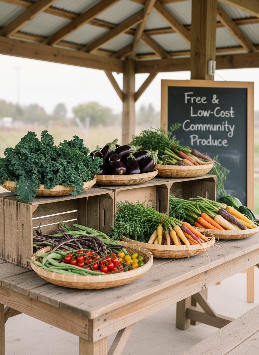 An organized produce harvest station in photographic realism, featuring sturdy wooden crates and shallow baskets brimming with freshly picked vegetables: dewy kale, vibrant cherry tomatoes, speckled beans, deep purple eggplants, and multicolored heirloom carrots with wispy roots. The crates rest on a simple, weathered farmhouse-style table under an open-sided pavilion. Soft, diffused overcast daylight filters in from all sides, minimizing harsh shadows and highlighting the natural colors and textures of the produce. A chalkboard sign in the background reads “Free & Low-Cost Community Produce” in neat handwritten lettering. Captured from a slightly elevated angle with moderate depth of field, the foreground vegetables are in crisp focus while the background structure gently blurs. The mood is generous, organized, and professional, conveying mutual aid and equitable food access.